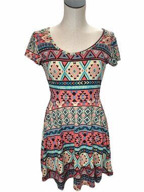 Bobbie Brooks Dress Juniors Women Small Stretch Short Sleeve Mini Pink Aqua Blue